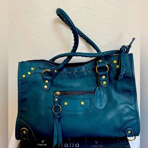 Genuine soft leather satchel handbag with double braided straps and detail